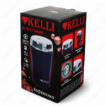 Кофемолка KELLI KL-5137 300 Вт — упаковка с фото деталей: прозрачная крышка, ножи из нержавеющей стали, кнопка включения